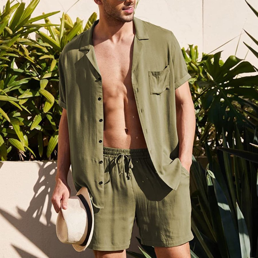 

Men's 2 Piece Cotton Linen Short Sets Cuban Collar Beach Pocket Suit Vacation Shirt Shorts Breathable Comfortable