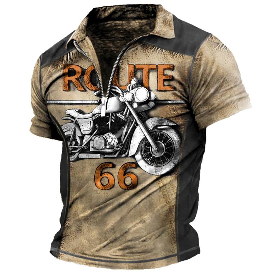 

Men's T-Shirt Vintage Polo Zipper Motorcycle Route 66 Road Trip Print Summer Daily Tops Short Sleeve Colorblock Khaki