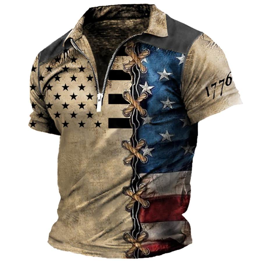 

Men's T-Shirt Vintage Polo Zip 1776 American Flag Independence Day Print Summer Daily Tops Short Sleeve Colorblock Khaki