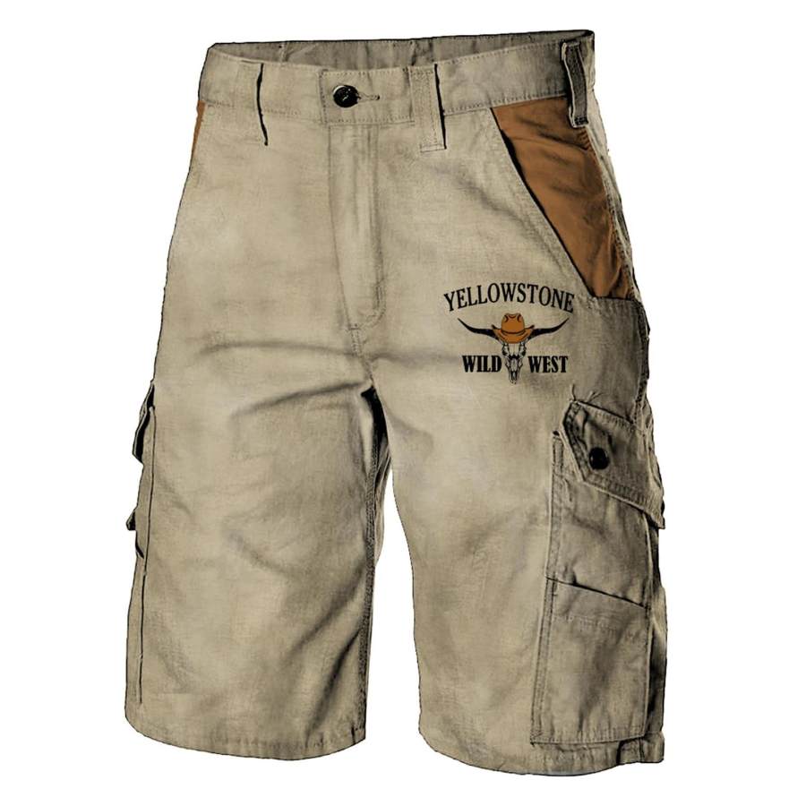 

Men's Cargo Shorts Vintage Yellowstone Wild West Bull Skull Print Multi Pocket Colorblock Outdoor Shorts Khaki