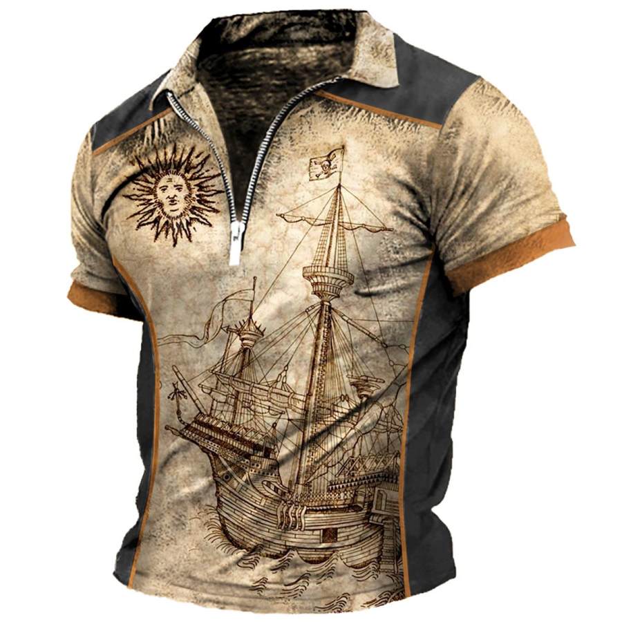 

Men's T-Shirt Vintage Polo Zip Nautical Sailing Sun Print Summer Daily Tops Short Sleeve Colorblock Khaki