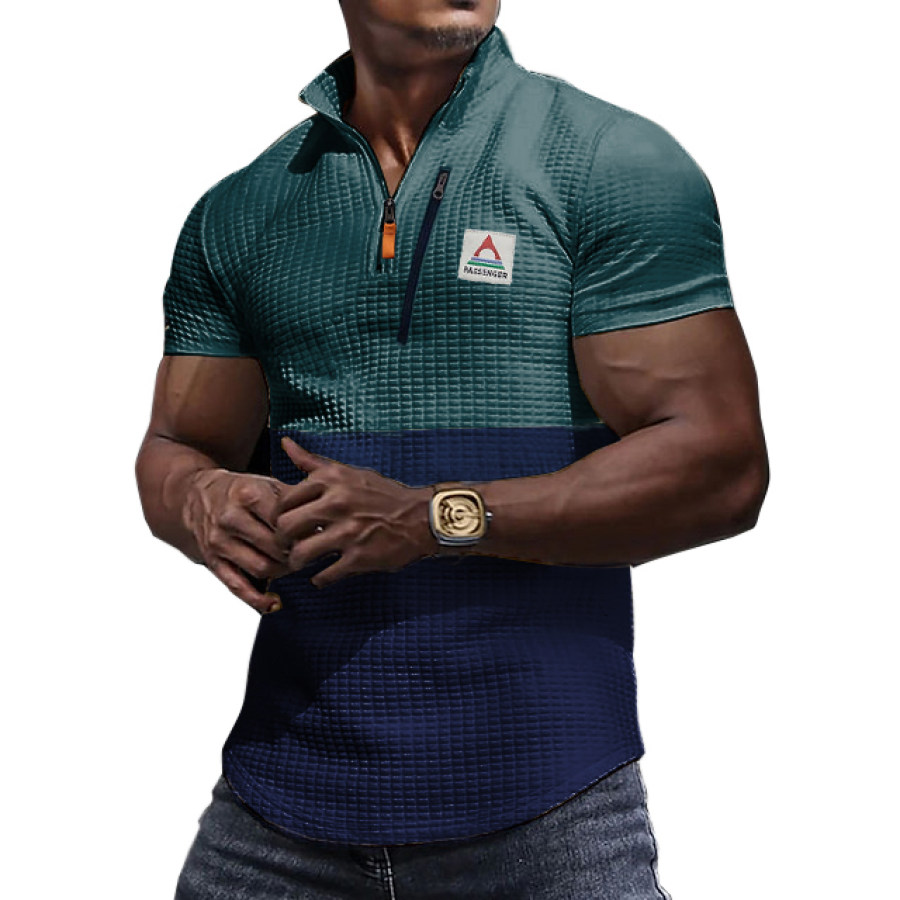 

Men's Zipper Stand Collar T-Shirt Half Zip Polo Shirt Waffle Surf Top Zipped Pocket Tactical T-shirt