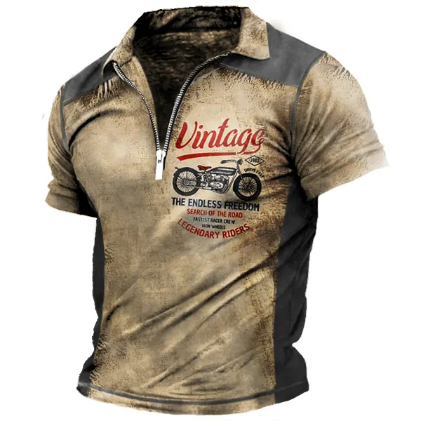 Men's Plus Size Polo Shirt Vintage Motorcycle Racing Distressed Wash Print Zip Stand Collar Polo Top - Chrisitina.com 