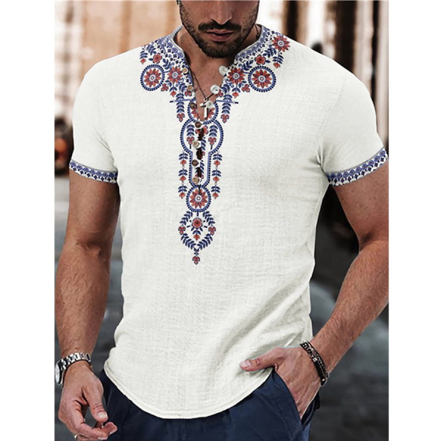 

Camisa Masculina Botton Henley Padrões Étnicos Casual Ao Ar Livre Manga Curta Casual Top Roupas Havaianas