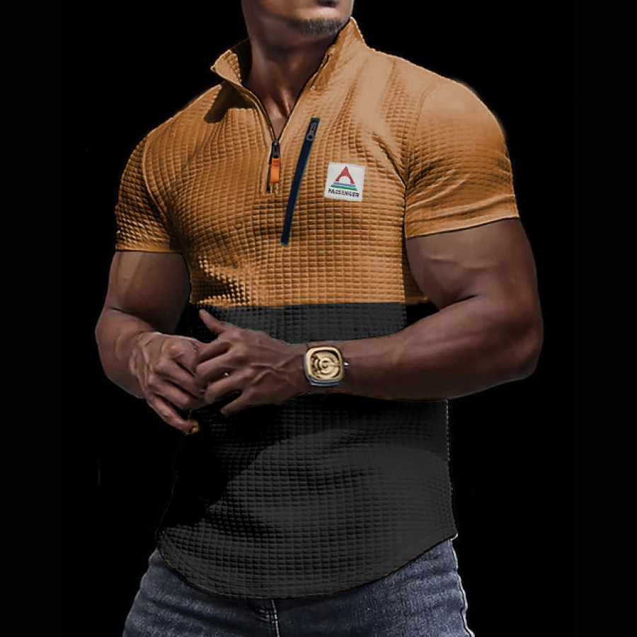 

Men's Zipper Stand Collar T-Shirt Half Zip Polo Shirt Waffle Surf Top Zipped Pocket Tactical T-shirt