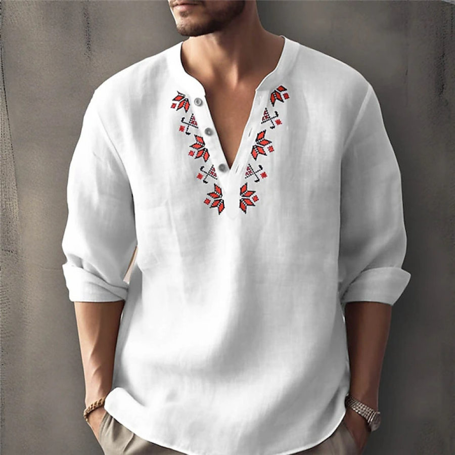 

Camisa Masculina Botton Henley Padrões Étnicos Casual Ao Ar Livre Manga Longa Top Casual Vestuário Havaiano