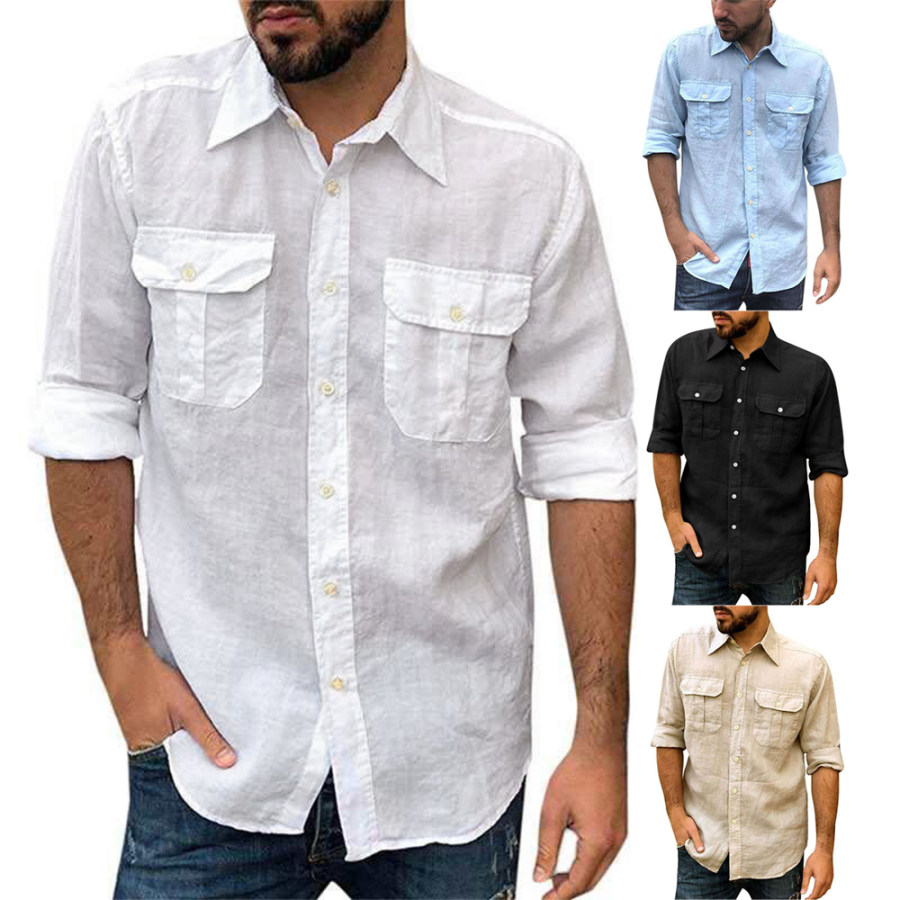 

Camicia Da Uomo In Lino Di Cotone A Maniche Lunghe Con Doppia Tasca Casual Da Esterno