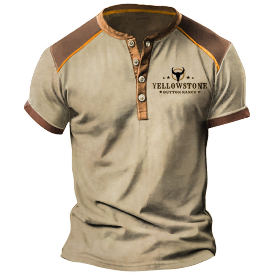 

Men's Henley T-Shirt Yellowstone Western Print Pattern Color Block Vintage Short Sleeve Summer Henley