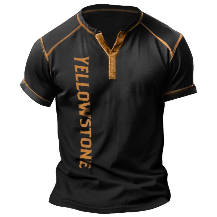 

Men's T-Shirts Yellowstone Park Y Neck T-Shirt Western Cowboy Wild West Graphic Print T-Shirt Henley Collar Breathable