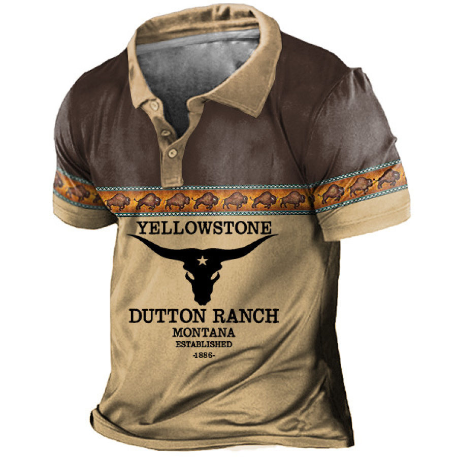 

Men's T-Shirt Polo Vintage Western Yellowstone Skull Bull Aztec Color Block Short Sleeve Outdoor Summer Daily Top Khaki