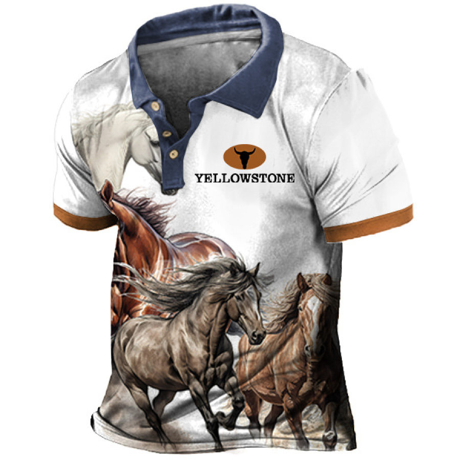 

Men's T-Shirt Polo Vintage Western Yellowstone Skull Bull Horse Short Sleeve Outdoor Summer Daily Top White