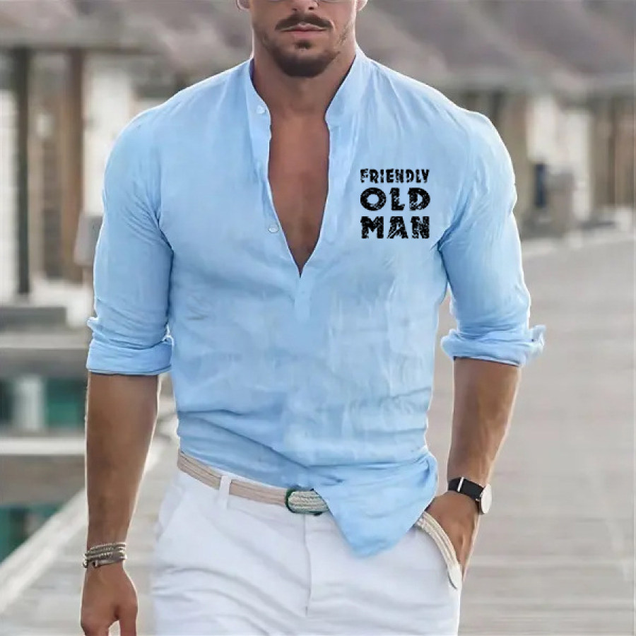 

Men's Shirt Old Man Henley Long Sleeve Solid Color Cotton Linen Outdoor Casual Top Black White Light Blue