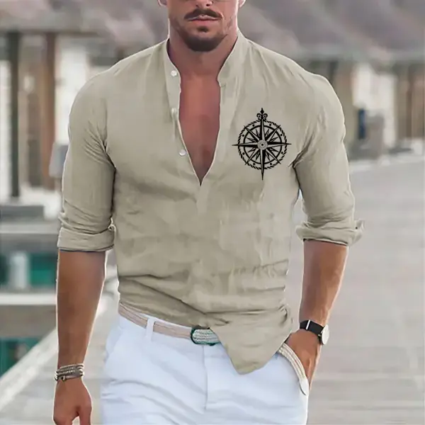 Men's Shirt Nautical Compass Henley Long Sleeve Solid Color Cotton Linen Outdoor Casual Top Khaki - Kalesafe.com 