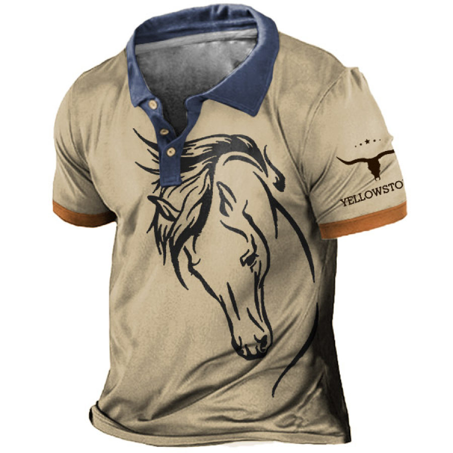 

Men's T-Shirt Polo Vintage Western Yellowstone Horse Head Short Sleeve Outdoor Summer Daily Top Khaki