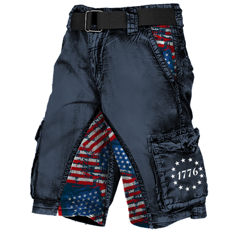 

Men's Vintage American Flag Distressed Wash Print Multi-Pocket Tactical Shorts