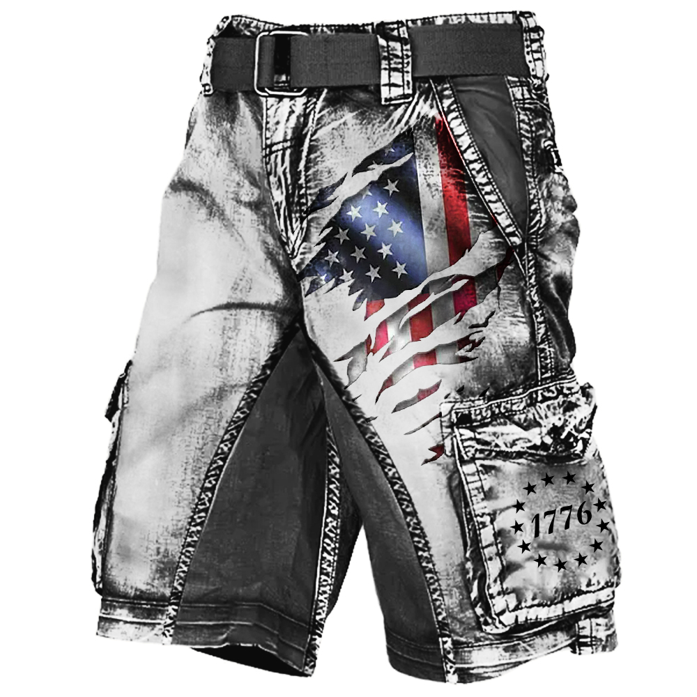 Men's Vintage American Flag Distressed Wash Print Multi-Pocket Tactical Shorts