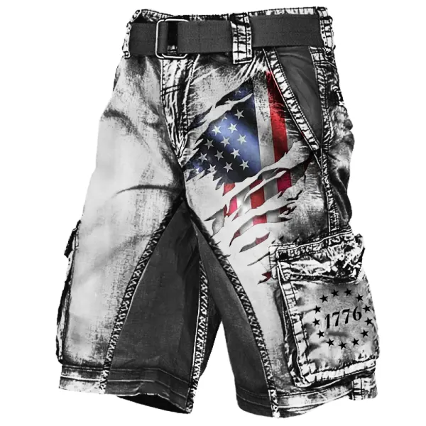 Men's Vintage American Flag Distressed Wash Print Multi-Pocket Tactical Shorts - Blaroken.com 