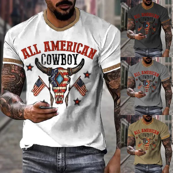 Men's Vintage American Western Cowboy Print Crew Neck Casual T-Shirt - Kalesafe.com 