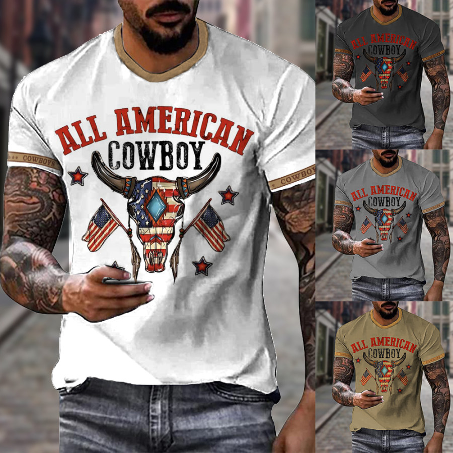 

Men's Vintage American Western Cowboy Print Crew Neck Casual T-Shirt