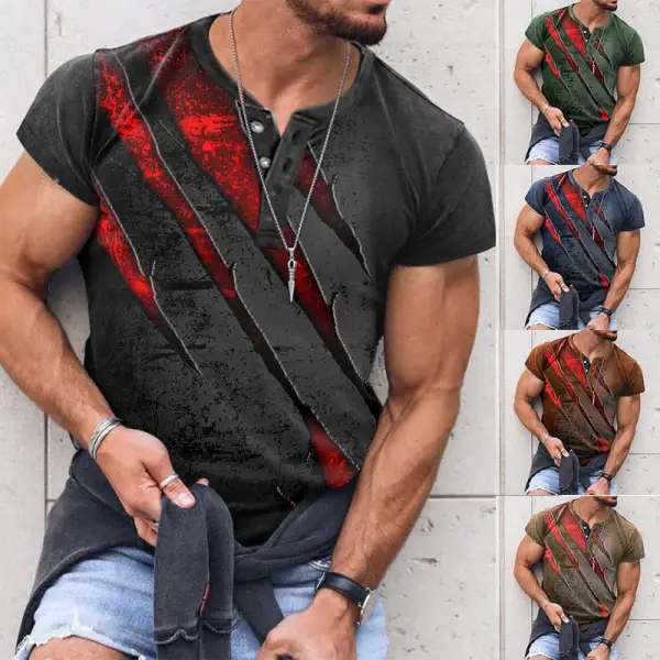 Men's T-Shirts Men's Henley T-Shirt Scratched Claw Print Pattern Retro Short Sleeve Summer Henley Shirt green blue black Summer  - Cotosen.com