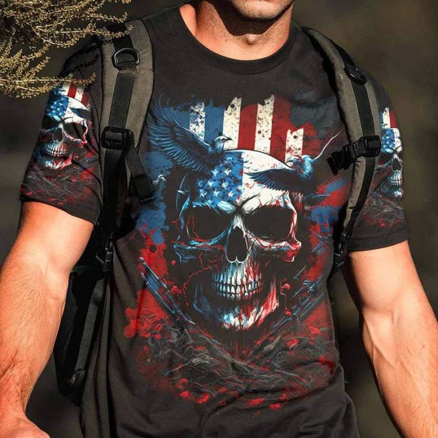 

Camiseta Masculina Com Estampa De Caveira Padrão Bandeira Americana Retrô Manga Curta Verão