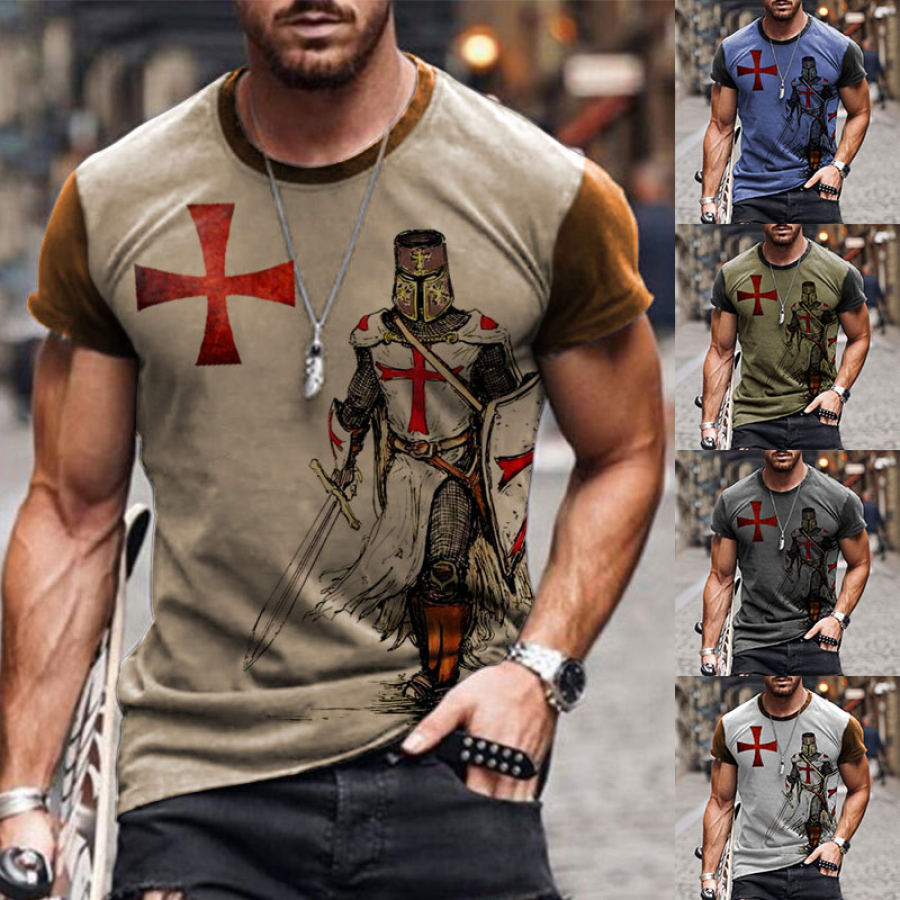 

Men's T-Shirt Templar Print Cross Pattern Retro Short Sleeve Summer