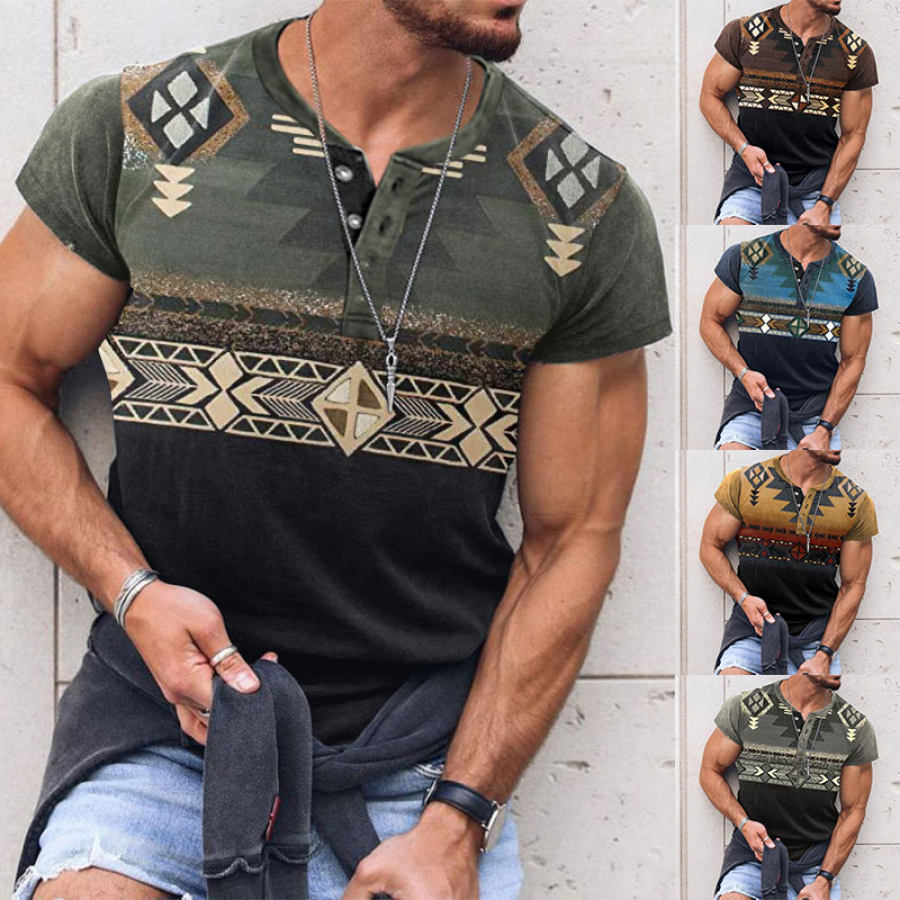 

Men's Henley T-Shirt Ethnic Print Pattern Retro Short Sleeve Summer Henley Shirt