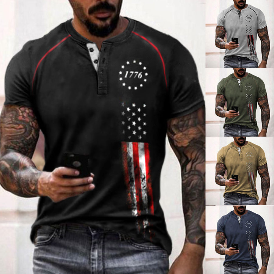 

Men's Henley T-Shirt American Flag 1776 Independence Day Print Pattern Retro Short Sleeve Summer Henley