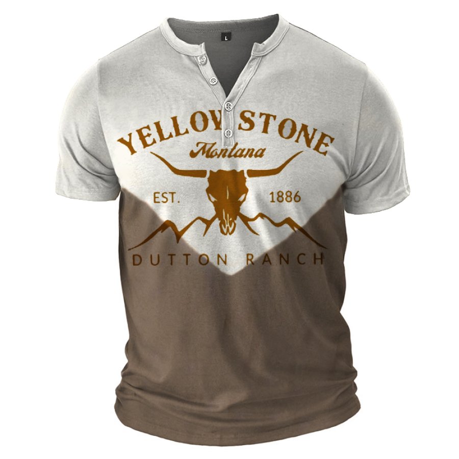 

Men's Button Henley Collar Shirt Yellowstone Dutton Ranch Western Cowboys Vintage Breathable Comfort T-Shirt