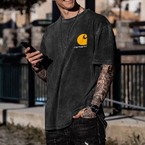 Men's T-Shirt Carhartt Short Sleeve Cotton Washed Vintage Summer Daily Top Black - Cotosen.com