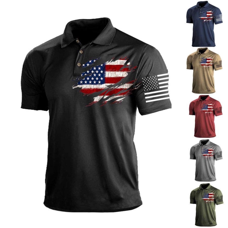 

Camiseta Masculina Polo Vintage Bandeira Americana Dia Da Independência Manga Curta Outdoor Summer Daily Top Azul Marinho Preto Cáqui