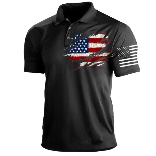 Men's T-Shirt Polo Vintage American Flag Independence Day Short Sleeve Outdoor Summer Daily Top Navy Blue Black Khaki - Kalesafe.com 