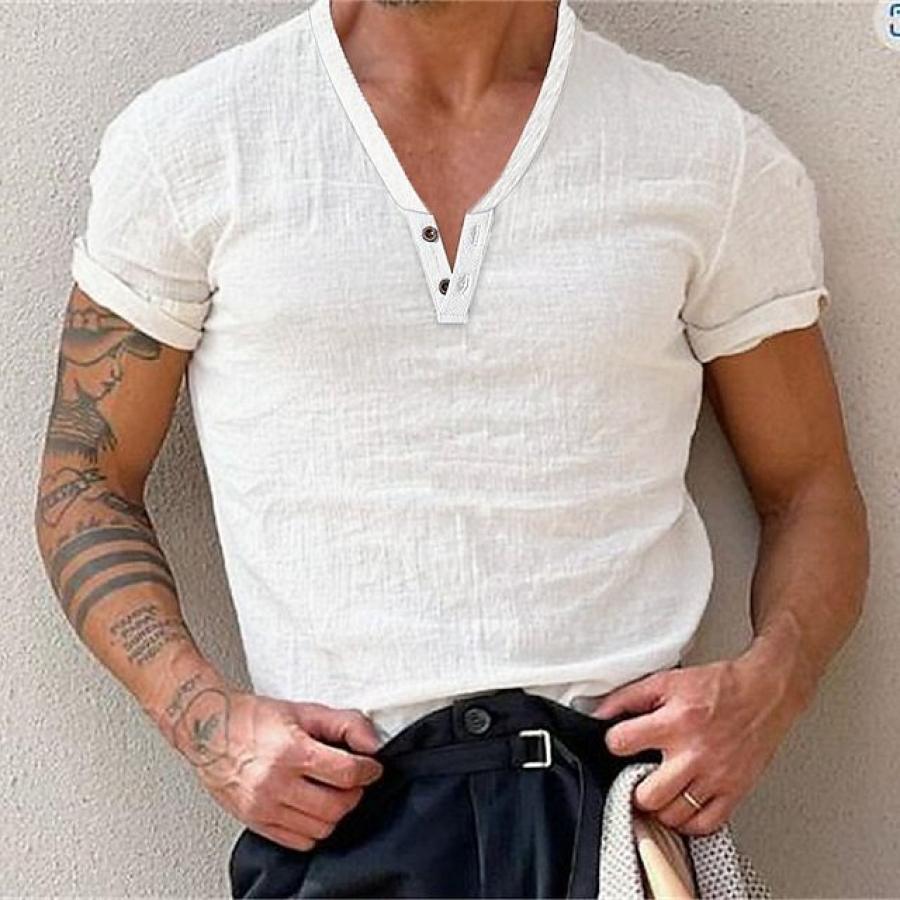 

T-shirt Da Uomo In Lino Henley Henley Con Scollo A V Camicia Casual Da Esterno Manica Corta Colletto Semplice Abbigliamento Casual Hawaiano