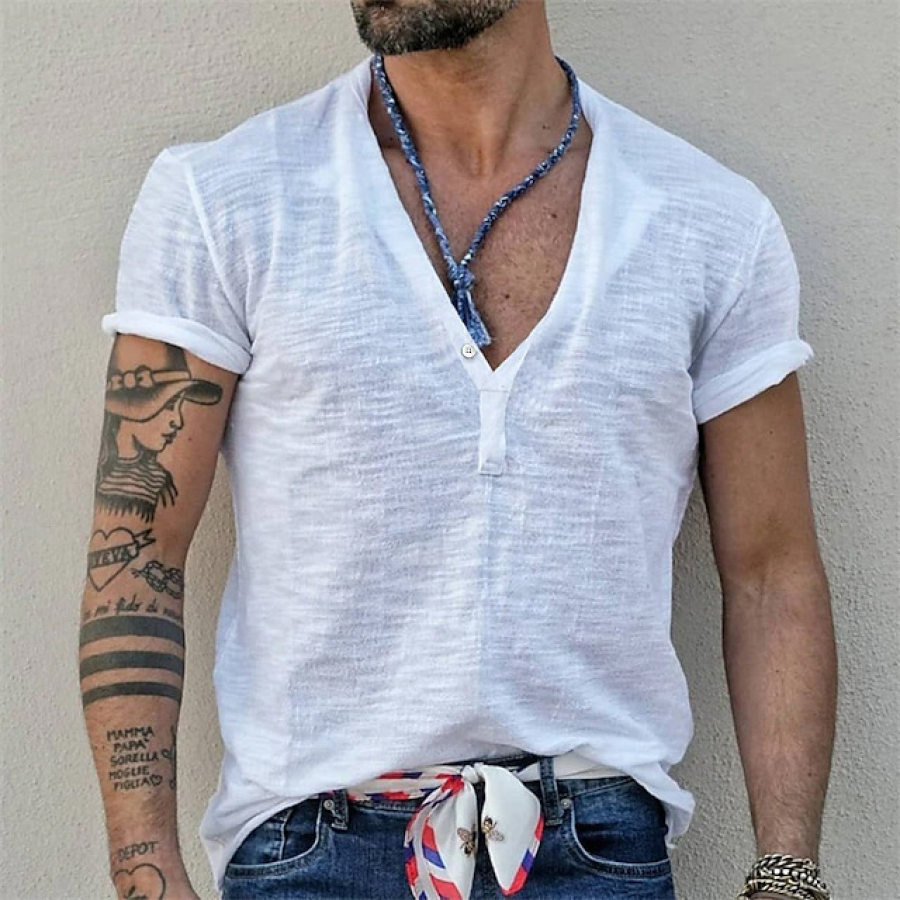 

T-shirt Henley Décontracté à Manches Courtes Pour Hommes