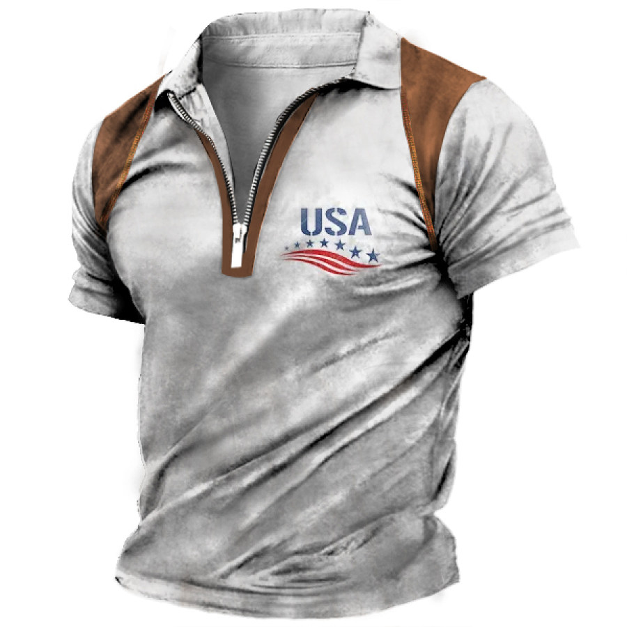 

Men's Zipper Stand Collar Polo Shirt American Flag USA Golf Polo Top