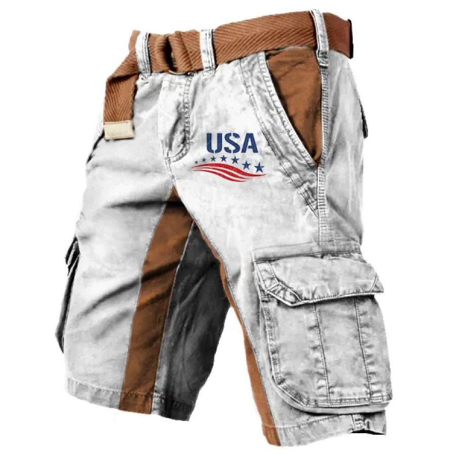 

Men's Vintage USA Flag Wash Print Multi-Pocket Tactical Shorts