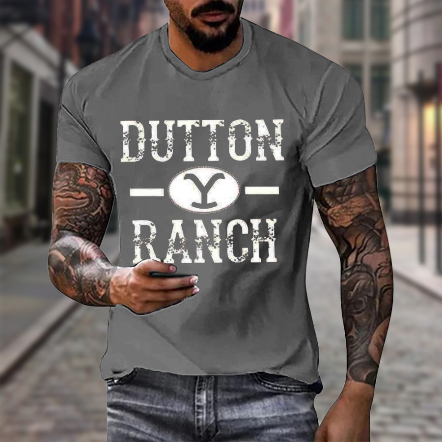 

Men's Vintage Yellowstone Dutton Ranch Print Round Neck Cotton T-Shirt