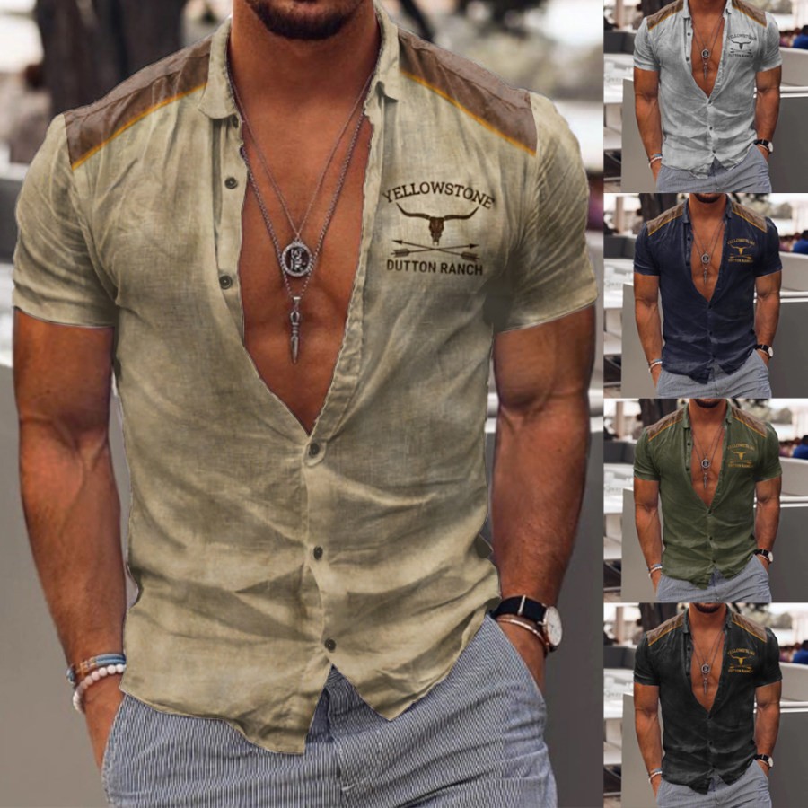 

Men's Vintage Western Cowboy Yellowstone Print Casual Short Sleeve Shirt