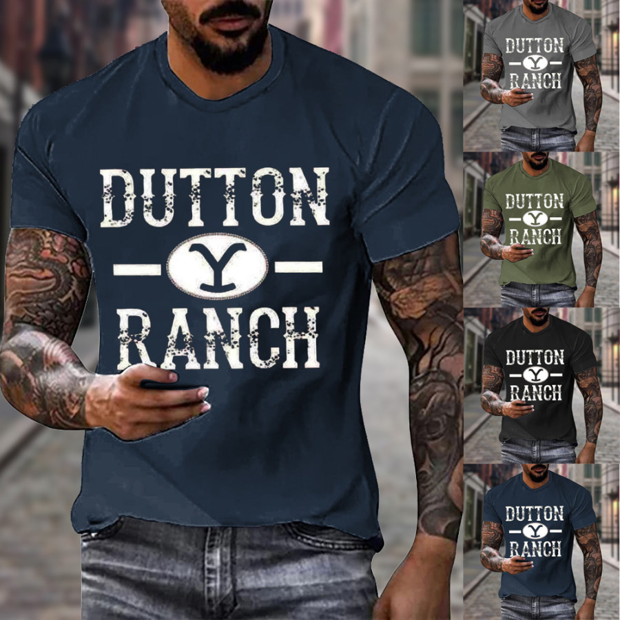 

Men's Vintage Yellowstone Dutton Ranch Print Round Neck Cotton T-Shirt