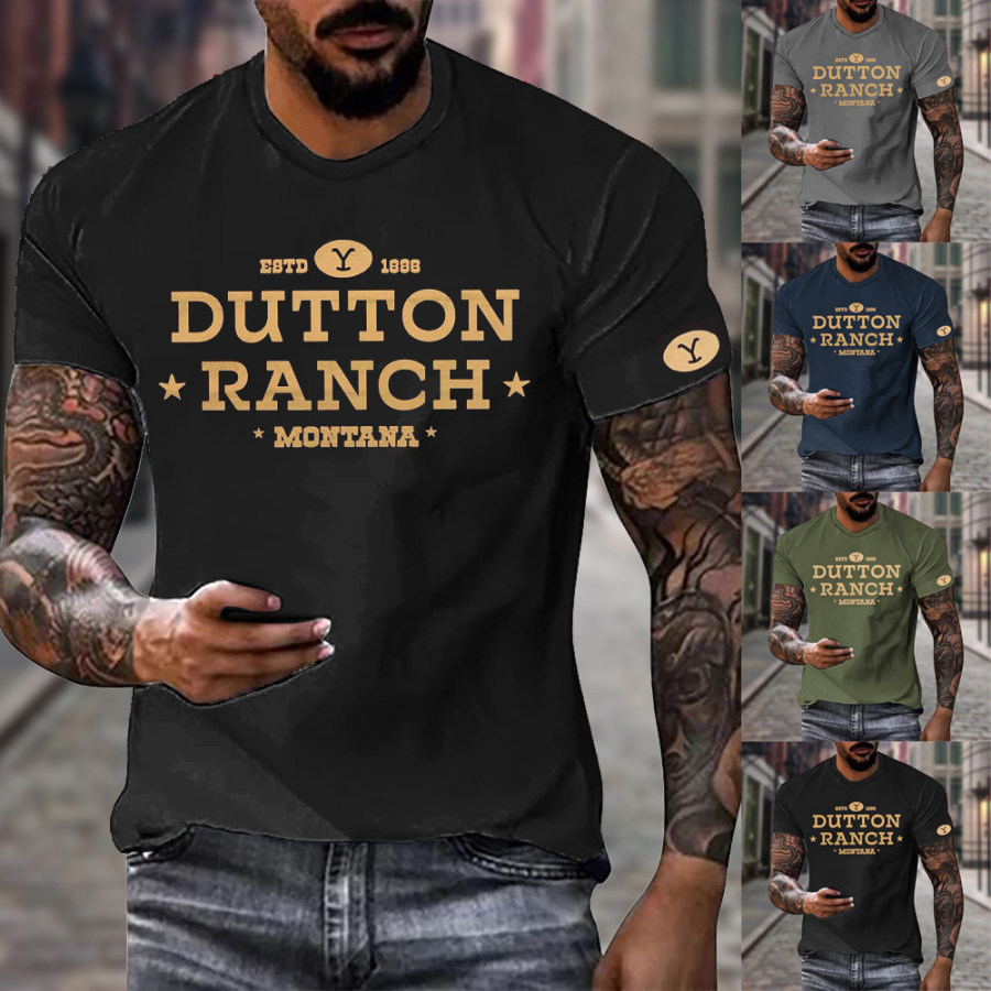 

Men's Vintage Yellowstone Dutton Ranch Print Round Neck Cotton T-Shirt