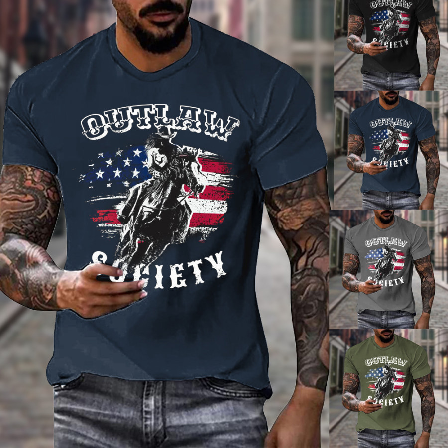 

Men's Vintage American Western Cowboy Print Round Neck Cotton T-Shirt