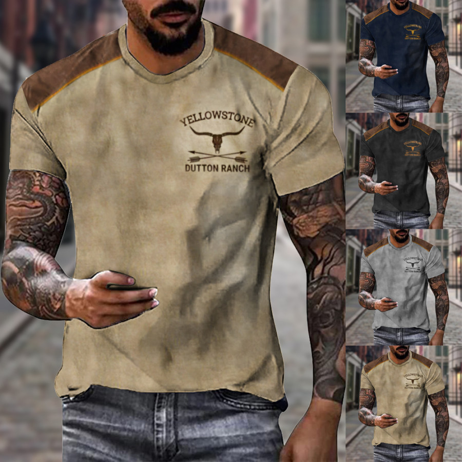 

Men's Vintage Western Cowboy Yellowstone Print T-Shirt Casual Crew Neck T-Shirt