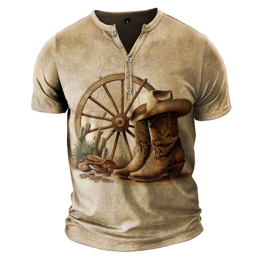 

Men's Vintage T-Shirt Cowboy Western Yellowstone Boots And Hats Wagon Wheels T-Shirt Henley Collar Breathable Casual Tee