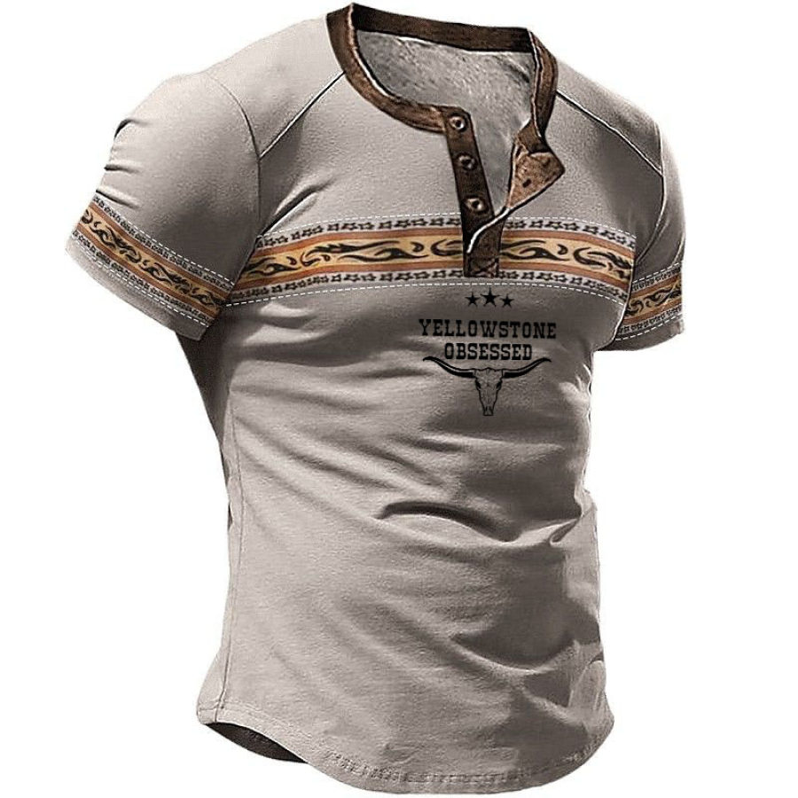 

Men's T-Shirt Henley Vintage Yellowstone Ethnic Geometric Short Sleeve Summer Daily Tops Khaki