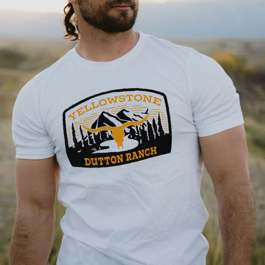 

Men's T-Shirt Cotton Yellowstone Button Ranch Mountains Short Sleeve Crew Neck Summer Daily Tops White