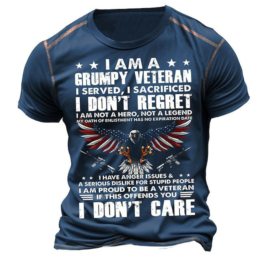 

Men's T-Shirt Vintage Grumpy Veteran American Flag Eagle Short Sleeve Contrasting Color Crew Neck Summer Daily Tops Blue
