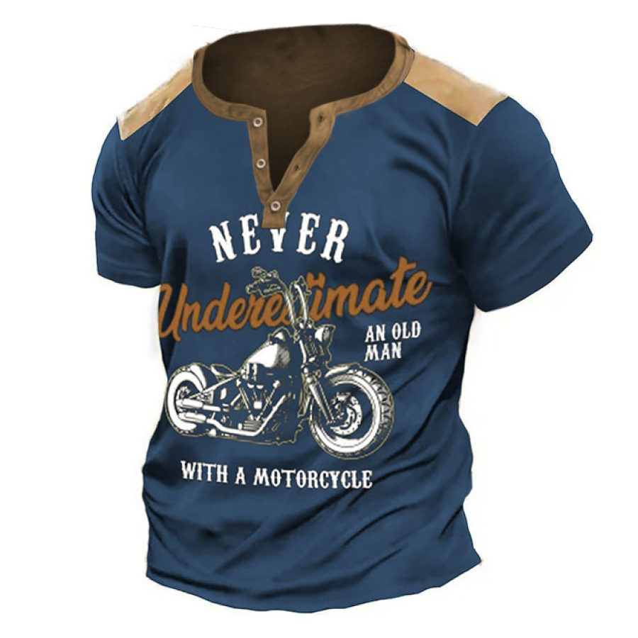 

Men's T-Shirt Henley Vintage Never Underestimate Old Man Motorcycle Short Sleeve Summer Daily Tops Blue