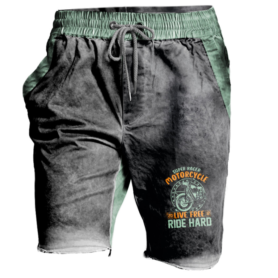 

Men's Cargo Shorts Retro Motorcycle Wash Print Elastic Waist Tactical Shorts