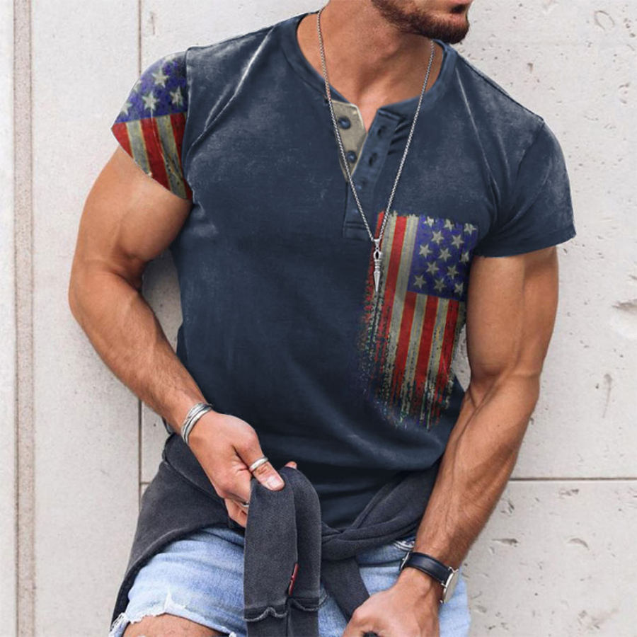 

Men's Henley T-Shirt American Flag Print Graphic Retro Short Sleeve Summer Tee