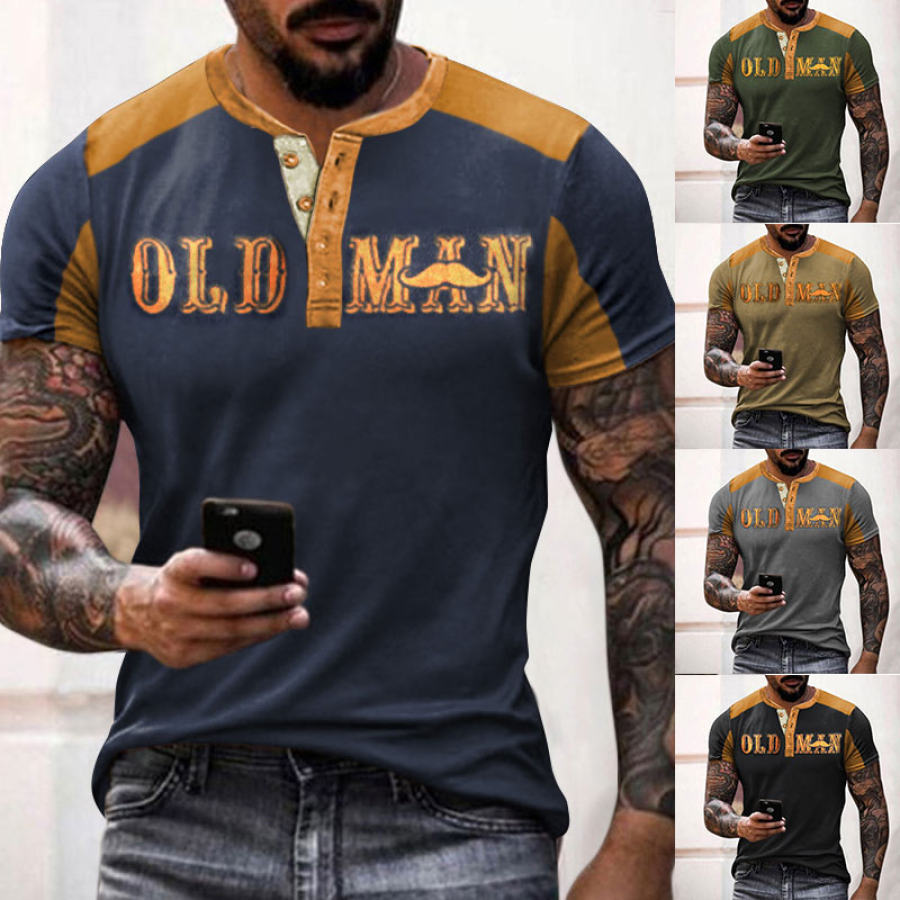 

Men's Henley T-Shirt Old Man Print Graphic Retro Color Block Short Sleeve Summer Tee